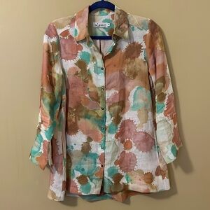 I Linen 100% Linen Top 3/4 Sleeve White and Multicolor Button Shirt Size S